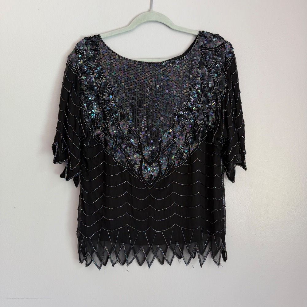 Swee Lo Vintage Black Silk Beaded Sequin Blouse Iridescent Evening Top Small‎